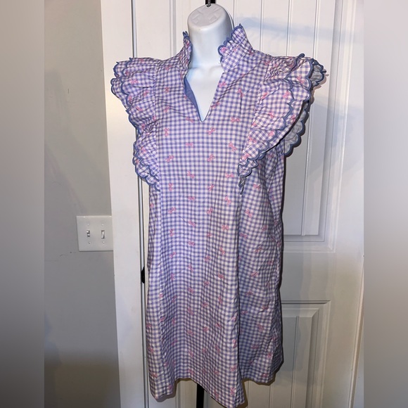 Umgee Size Small Blue and White Gingham with Pink Bows Ruffle Boutique Dress - Picture 5 of 12